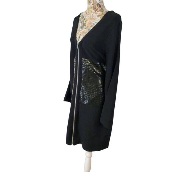 Venus Black Bandage Bodycon V Neck Shiny Reptile Accent Full Zip Sexy Dress - Picture 4 of 9